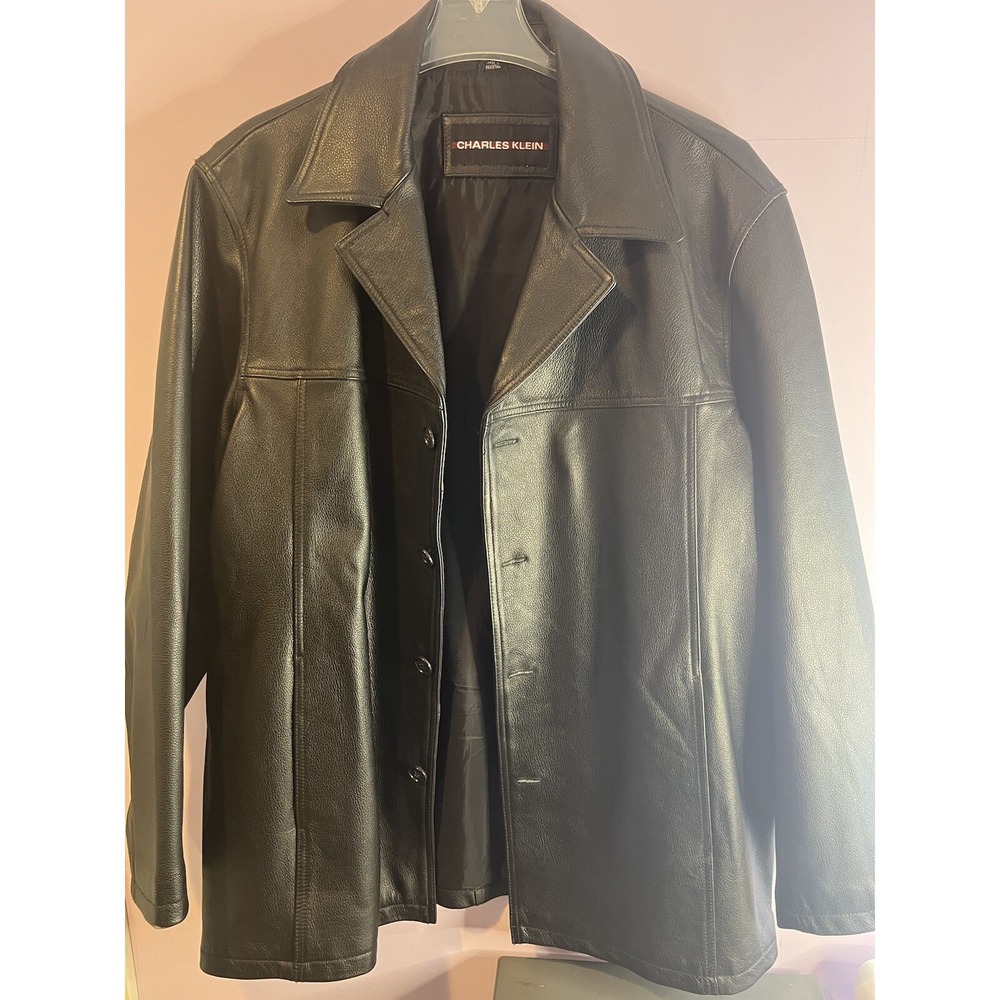 Charles Klein Leather Coat Men XL Black Good Heavy Vintage Wind Resistant